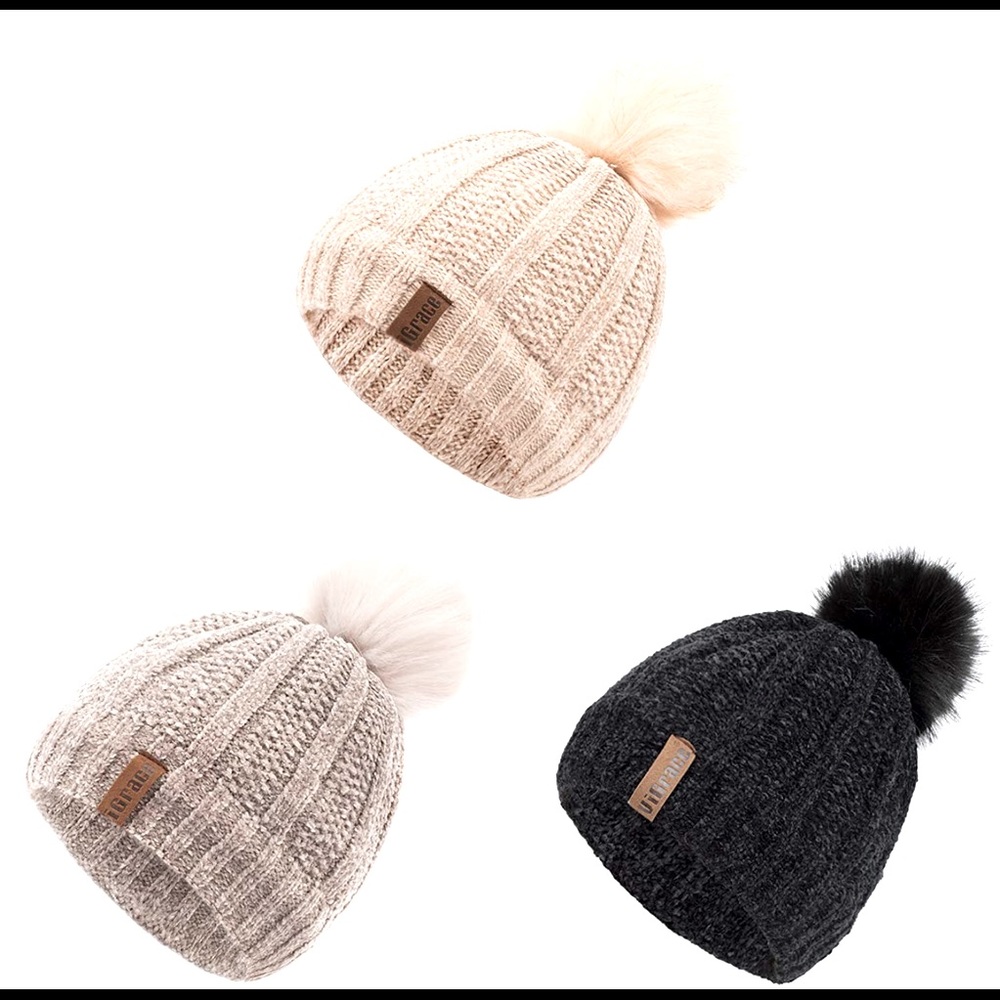 Vigrace Kids Winter Hat Chenille Warm Fleece Lined Pompom Hats, 3pk, NWT